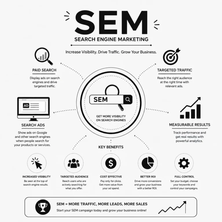 Search Engine Marketing SEM strategy showing paid search, search ads, targeted traffic, measurable results, and better ROI