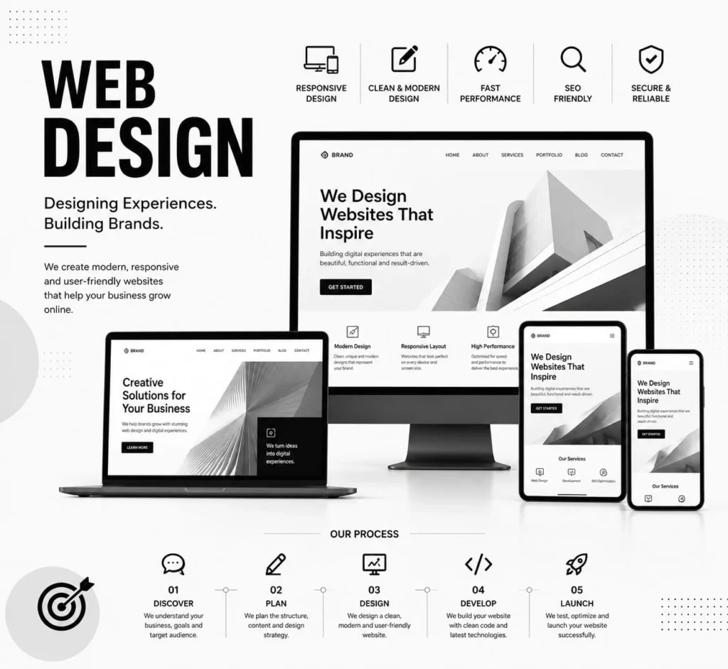 Web design showing responsive, modern, fast, SEO-friendly and secure websites across desktop, laptop, tablet and mobile devices