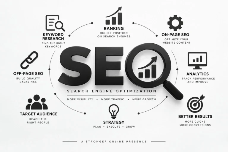 SEO search engine optimization strategy showing keyword research, on-page SEO, off-page SEO, analytics, target audience, ranking, and better results