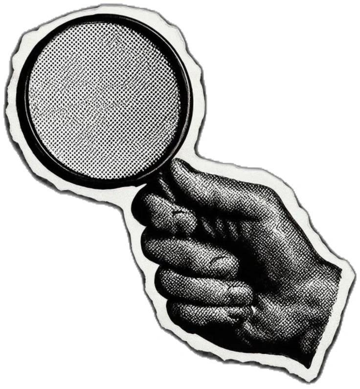 Black and white hand holding a magnifying glass illustration