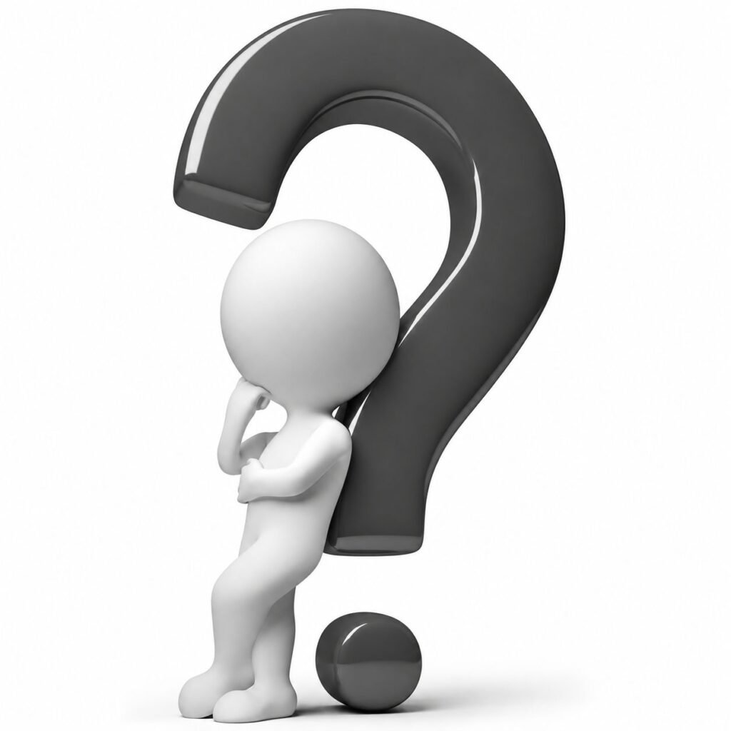 Black and white 3D person thinking beside a question mark for digital marketing FAQs